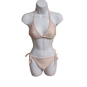 Light Pink Polka Dot Triangle Bikini Set Halter Top Side Tie Bottoms Swimwear